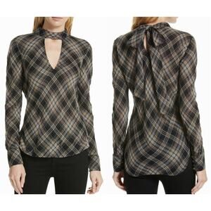 Veronica Beard Women Sz 6 Wade Metallic Plaid Keyhole Blouse Black Gold Tie Neck